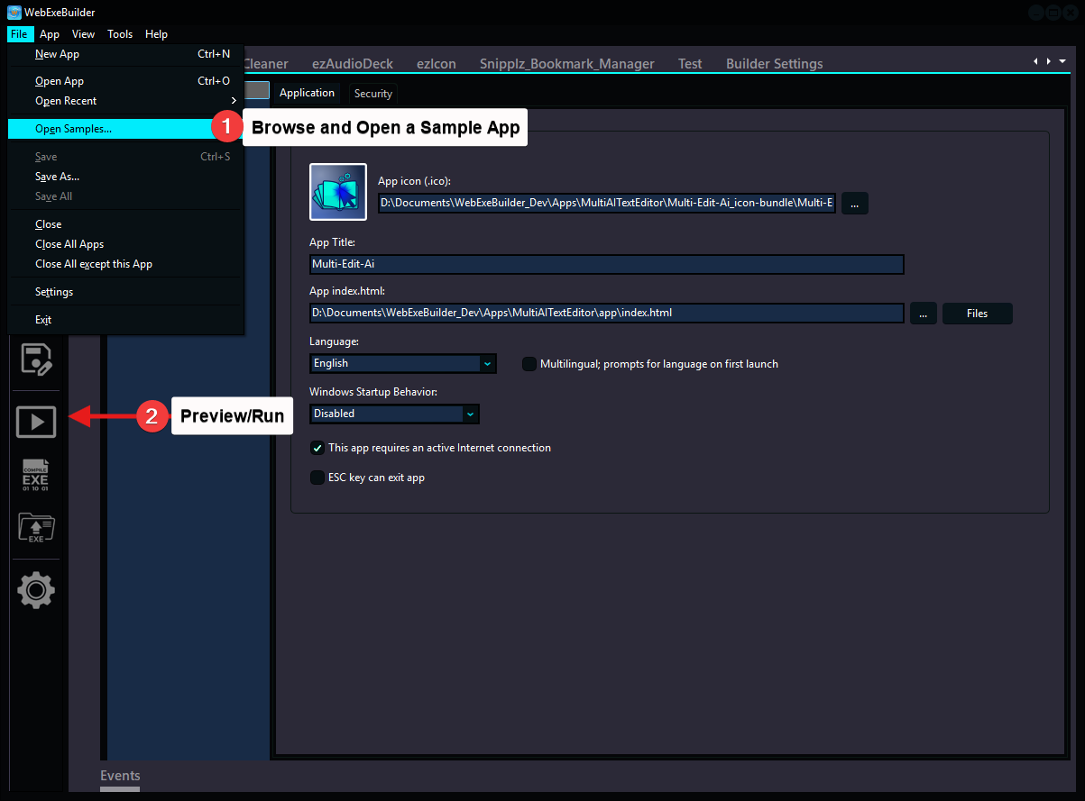WebExeBuilder Open Sample Apps